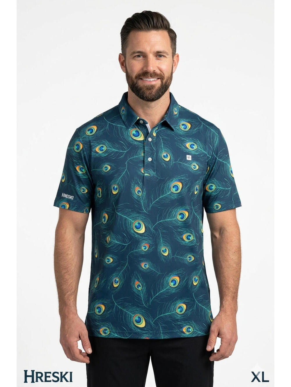 Hreski Polo Shirt Men XL Blue Green Golf Performance Peacock Feather Print